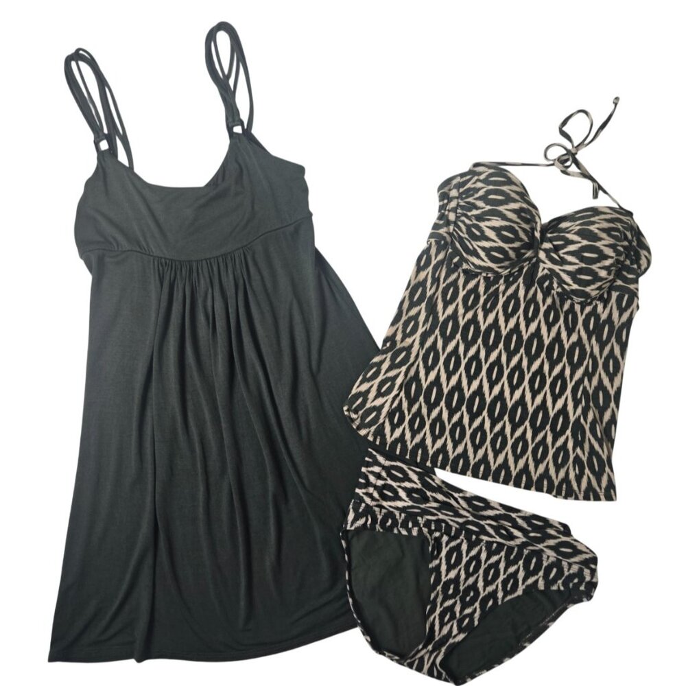 Robin Piccone 3 Swim Pieces Women M Olive Green & Cream Ikat Comfy Flattering